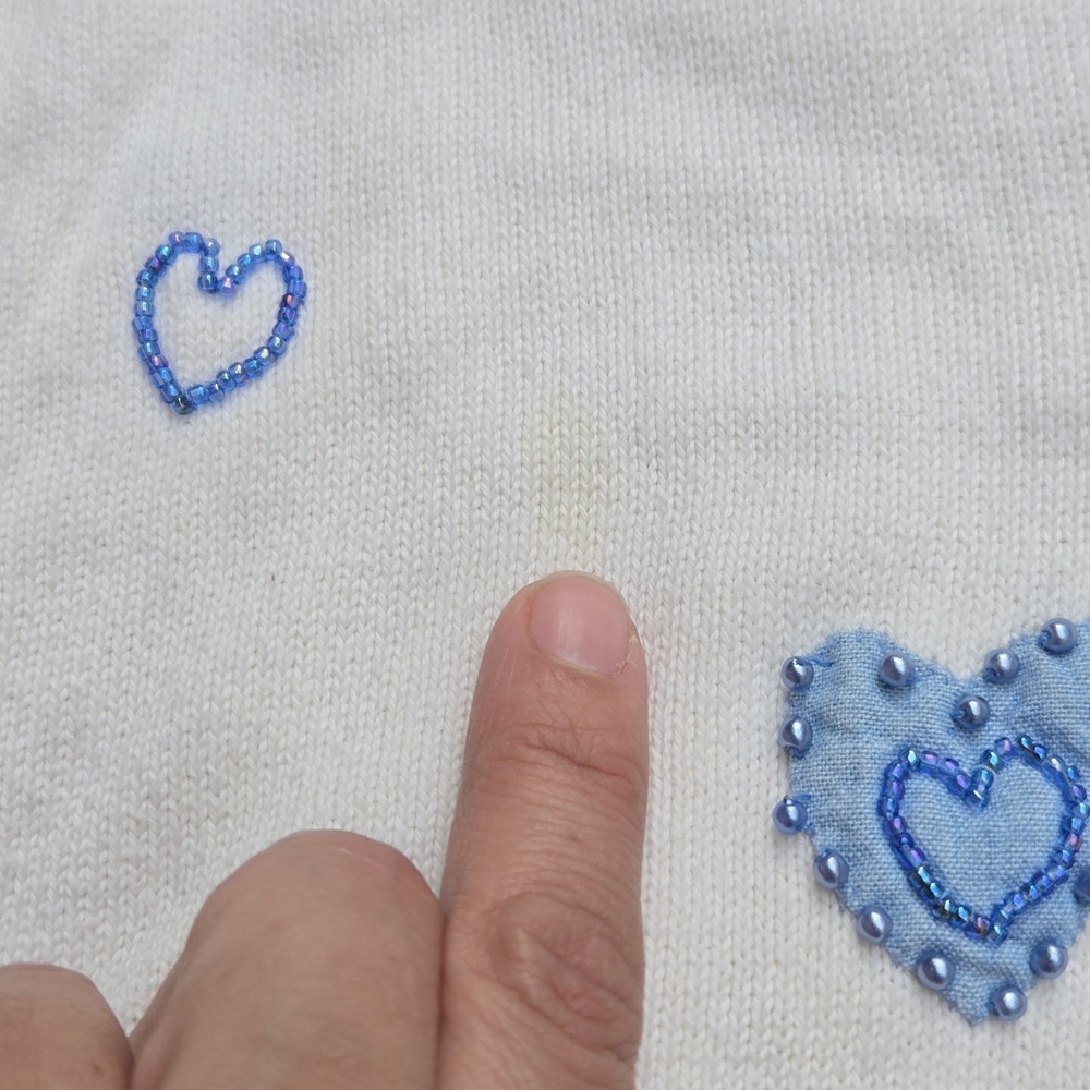 Women Heart Print Cardigan Sweater Light Gray Blue Hearts Button Front Knit M - Picture 6 of 11
